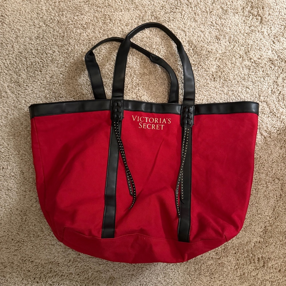 Victoria’s Secret Large Red Canvas Tote Bag – Studded Tassels- Large
